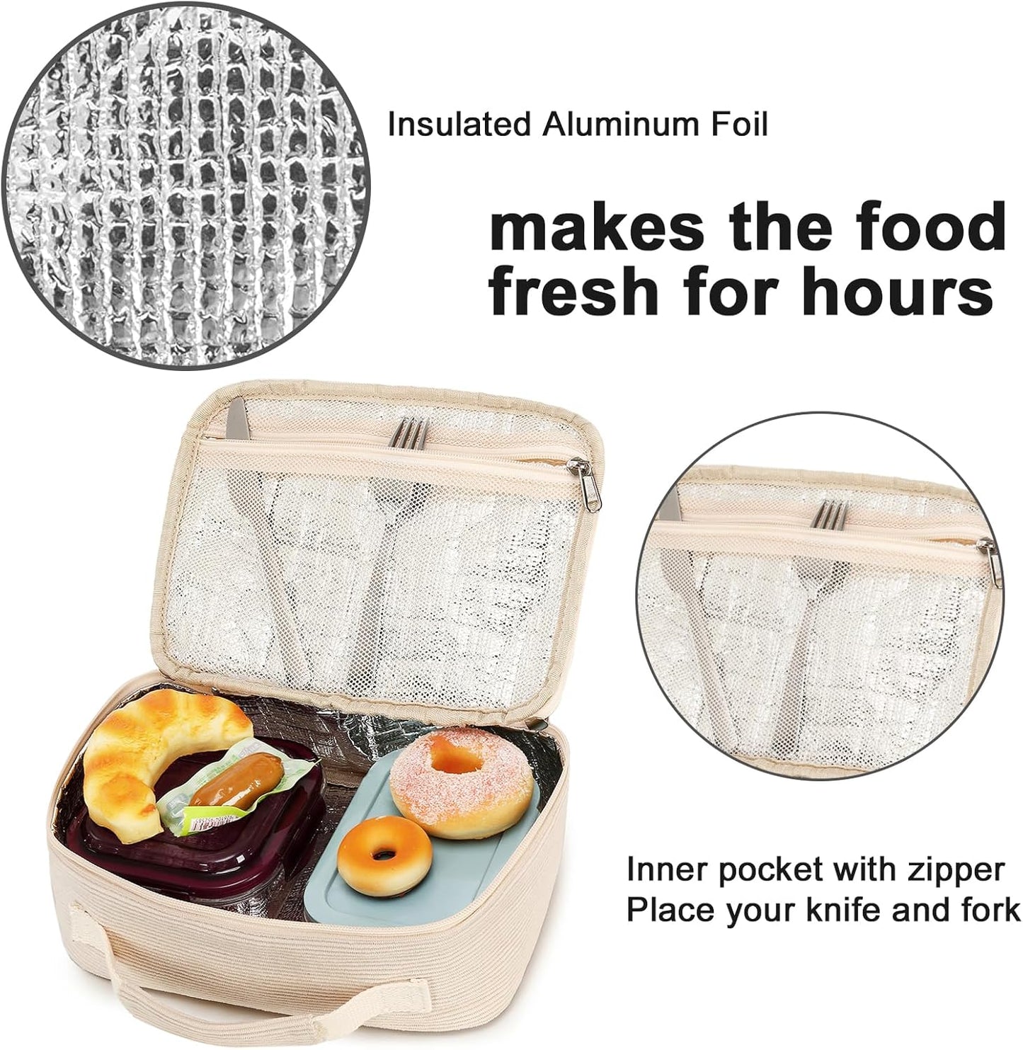 Bluboon Insulated Lunch Bag for Girls & Boys, Corduroy School Lunch Box with Cooler & Organizer Compartments, Leak-Proof Lunch Tote for School, Travel (Corduroy Strawberries Beige)
