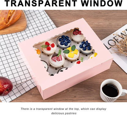 12 Count Cupcake Boxes, 4PCS Cupcake Container with Window, Food Grade Cupcake Holder for Birthday Holiday Party, Bakery Supplies for Cupcakes, Desserts, and More