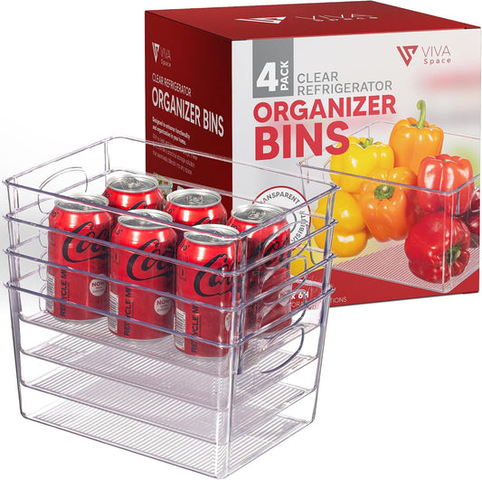 Clear Refrigerator Organizer Bins - Plastic Fridge Organizers - Storage Containers for Organizing Pantry, Cupboard, Cabinet, Freezer, Food, Fruit, Kitchen, Bathroom - Refrigerator Storage Bin set of 4