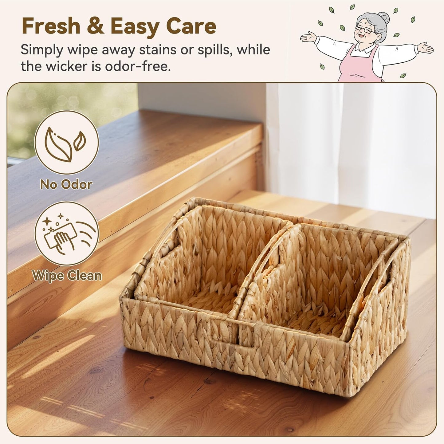 GRANNY SAYS Wicker Storage Baskets for Shelves, Trapezoid Woven Basket with Handles, Storage Wicker Baskets for Pantry, Water Hyacinth, 2-Pack