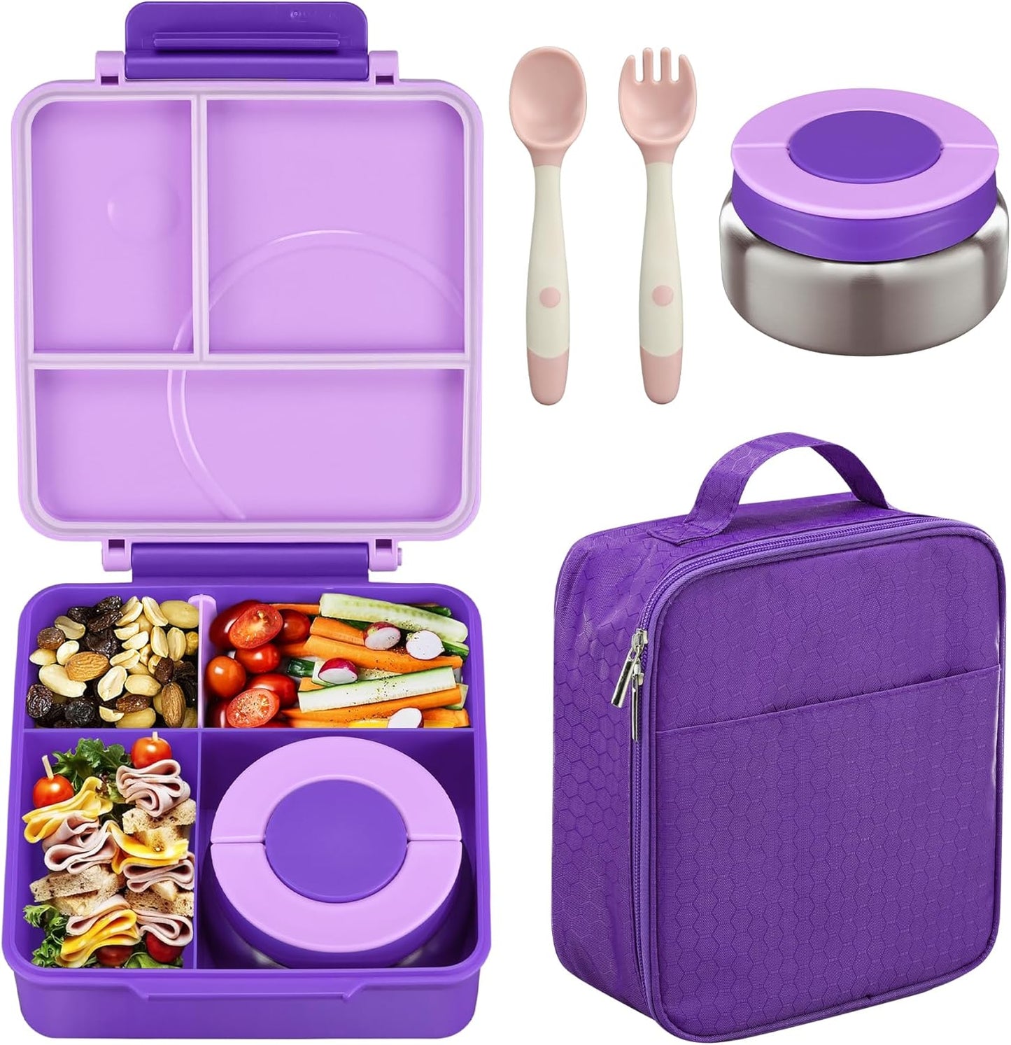 Bento Lunch Box Set for Kids with 8oz Soup Thermo, Leak-Proof Lunch Containers with 4 Compartment, Kids Thermo Hot Food Jar and Insulated Lunch Bag for Kid to School-Black
