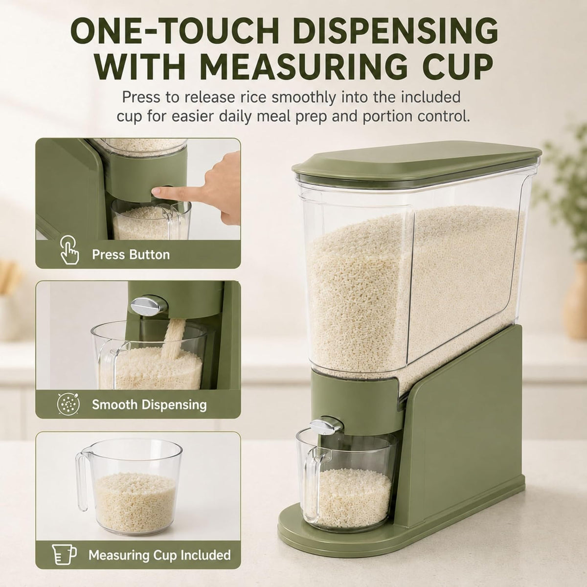 ROOM127 Rice Dispenser 22 Lbs, Large Airtight Grain Container, Cream White | Family Size Storage, BPA-Free, Moisture-Proof Seal, One-Touch Pouring, Clear Window, for Cereal, Beans, Oats & Dry Food