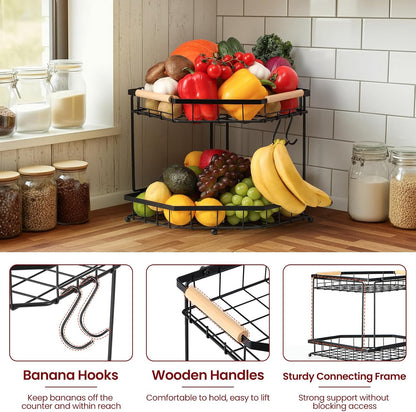 2 Tier Corner Fruit Basket for Kitchen Counter with Banana Hangers, Detachable Fruit Bowl with Wooden Handle, Metal Corner Rack for Fruit and Vegetable Storage, Kitchen Countertop Organizer