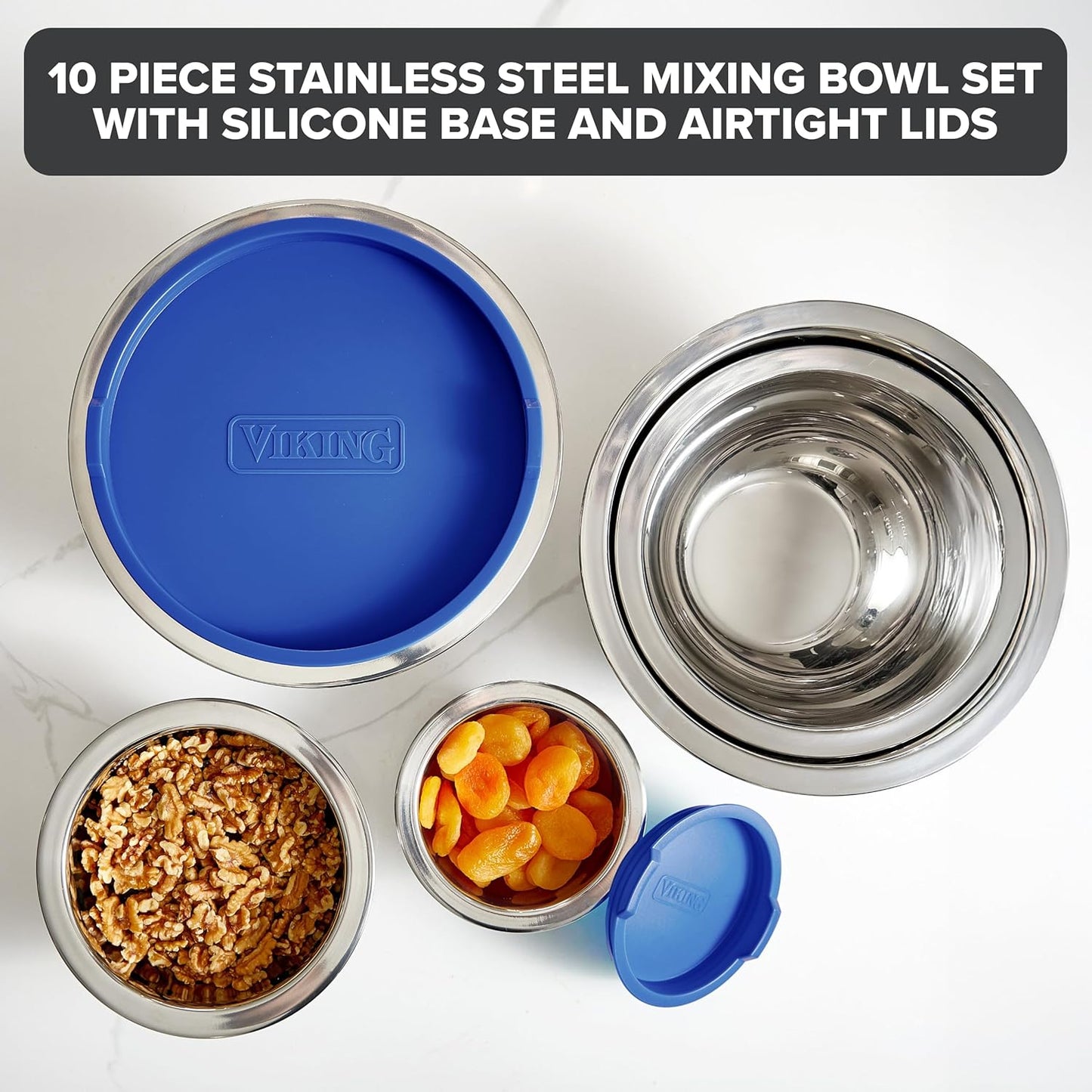 Viking Mixing Bowls Set, 10 Piece Stainless Steel Kitchen Cookware, Non-Slip Silicone Base, Includes Tight Fit Lids, Dishwasher Safe, Grey