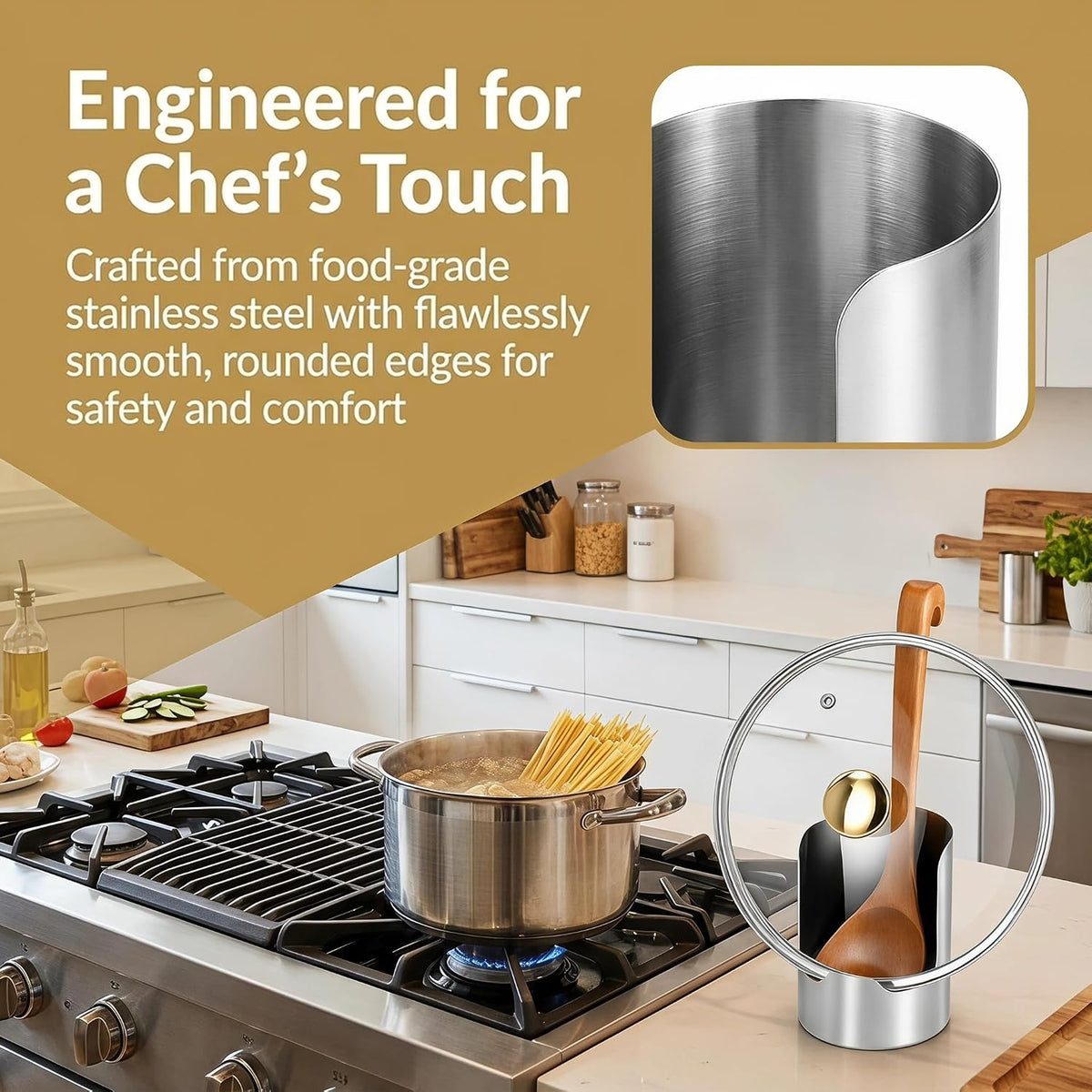 2 In 1 Multi-functional Kitchen Utensil Holder, Heavy Duty Stainless Steel Pot Lid & Spoon Rack Space-Saving Vertical Stand for Spatulas, Tongs, Ladles, Countertop Organizer，1 Psc