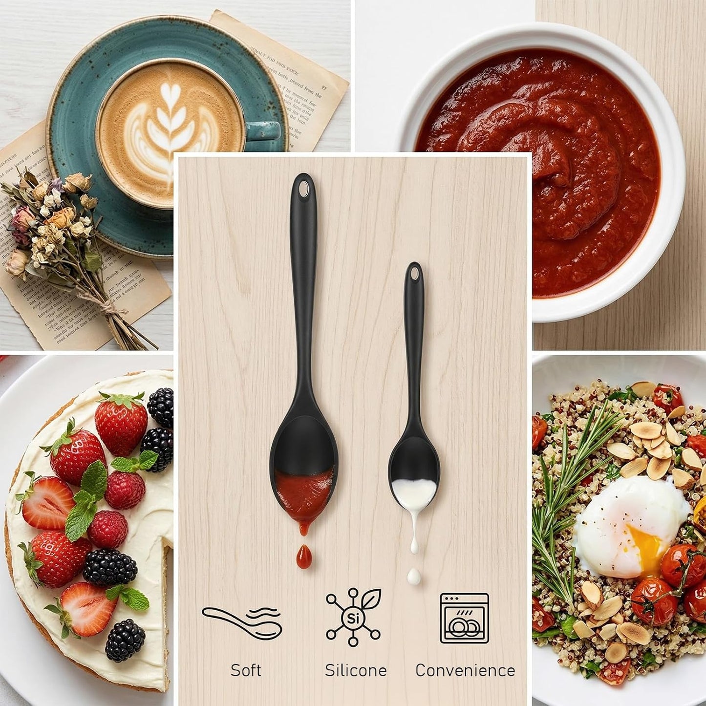 2 Pcs Silicone Cooking Spoons Heat Resistant,Silicone Serving Spoons.2 Size Black Silicon Mixing Spoon – Long Handle Silicon Spoon for Cook,Baking & Non-Stick Kitchen Tools