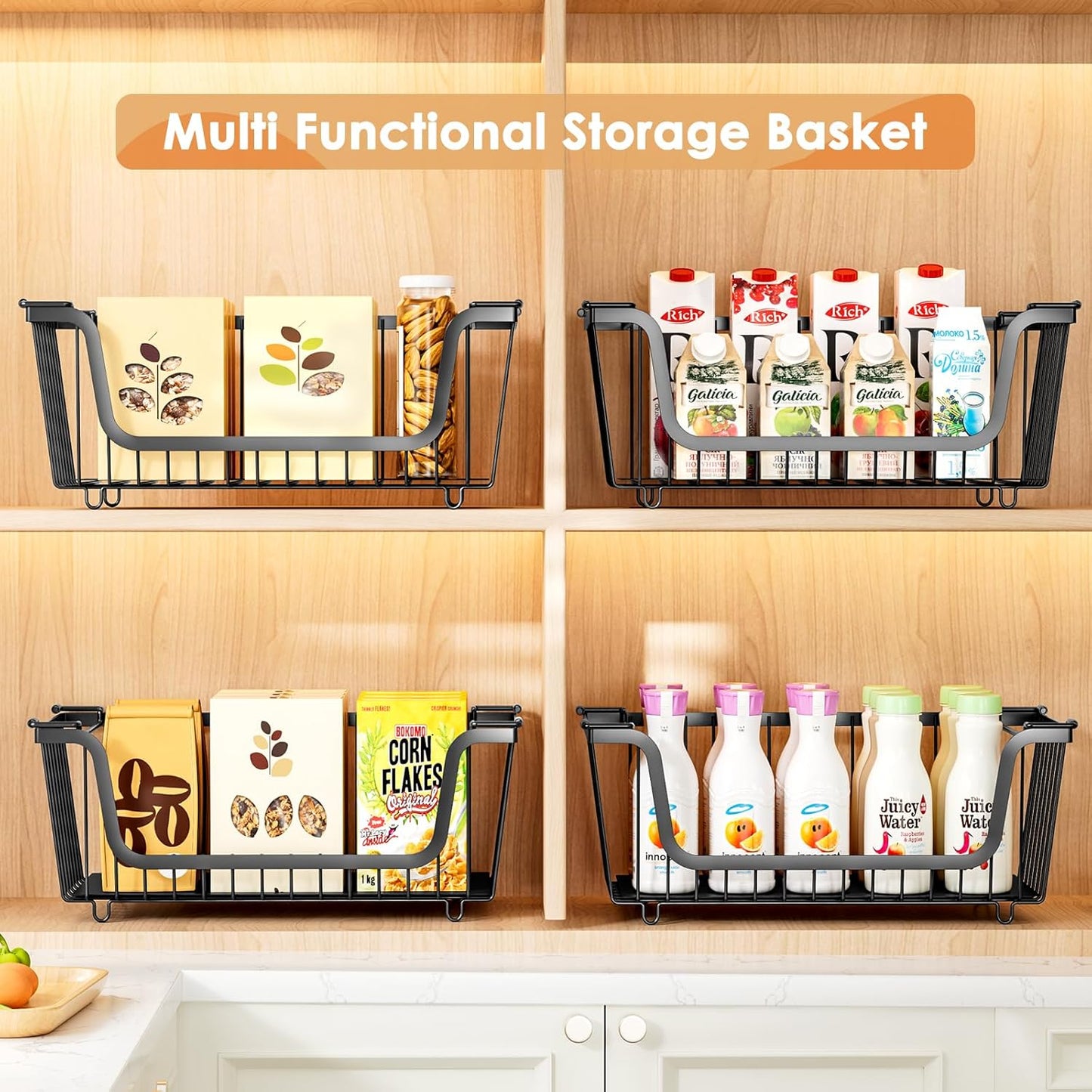 4 Pack Stackable Wire Baskets with Handles for Pantry Organizers and Storage, Fruit and Vegetable wire storage baskets, Potato and Onion Storage Bin, Metal Baskets for Organizing Snacks, Cans (White)