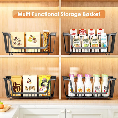 4 Pack Stackable Wire Baskets with Handles for Pantry Organizers and Storage, Fruit and Vegetable wire storage baskets, Potato and Onion Storage Bin, Metal Baskets for Organizing Snacks, Cans (White)