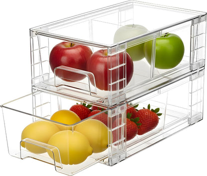 6 Pack Stackable Storage Drawers,Plastic Organizers Bins, Drawers Storage with Handles and Movable Dividers for Organization and Storage in Fridge,Bathroom, Pantry, Kitchen Cabinets, Under Sink