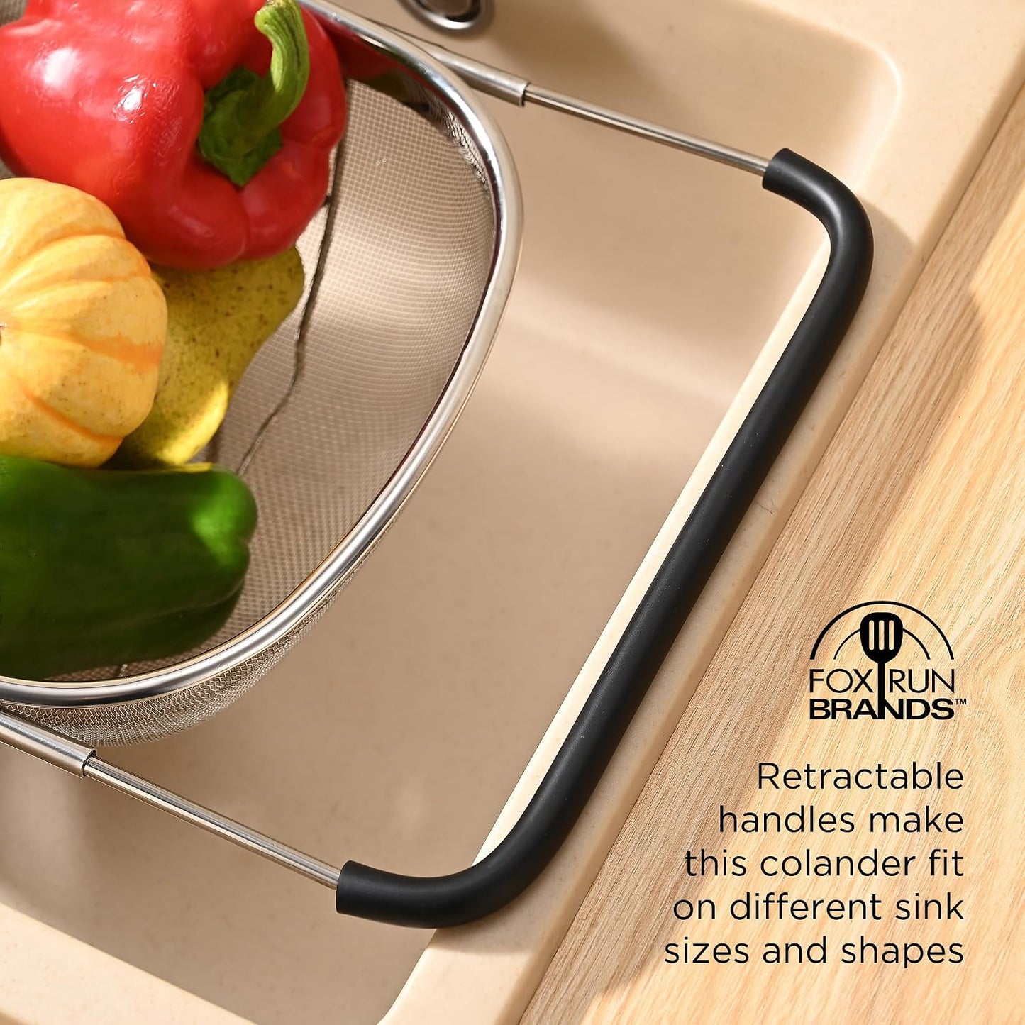 Fox Run Stainless Steel Colander, 4.7 Quart Over The Sink Pasta Strainer