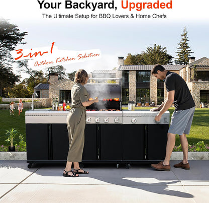 Brand-Man Outdoor Kitchen Island – 5-Burner Gas Grill & Griddle Combo with 800°C Infrared Sear Zone, Dual-Zone Cooktop, Sink & Storage, 995 sq.in Cooking Area, 67,000 BTU Stainless Steel BBQ Station