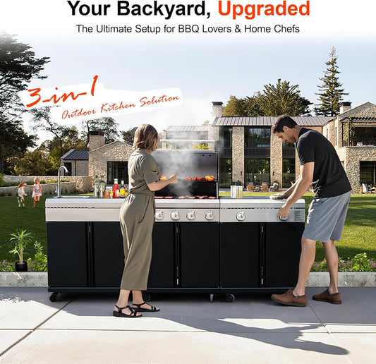 Brand-Man Outdoor Kitchen Island – 5-Burner Gas Grill & Griddle Combo with 800°C Infrared Sear Zone, Dual-Zone Cooktop, Sink & Storage, 995 sq.in Cooking Area, 67,000 BTU Stainless Steel BBQ Station
