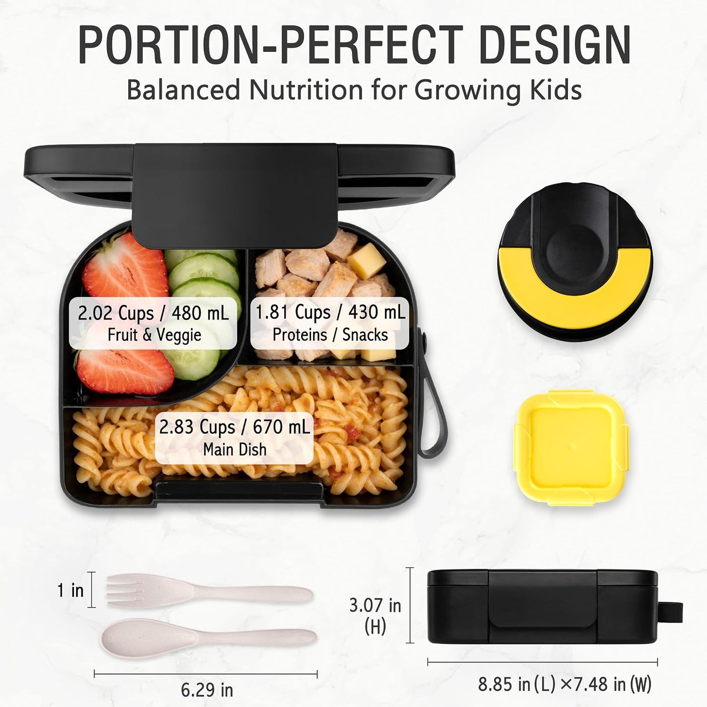 TinyPalsa Bento Box for Kids with 10oz Insulated Food Jar, Leak-Proof Kids Lunch Box with Thermal Food Container, 3 Compartments, Portable Handle, Dishwasher Safe, Ideal for School & Travel (Black)