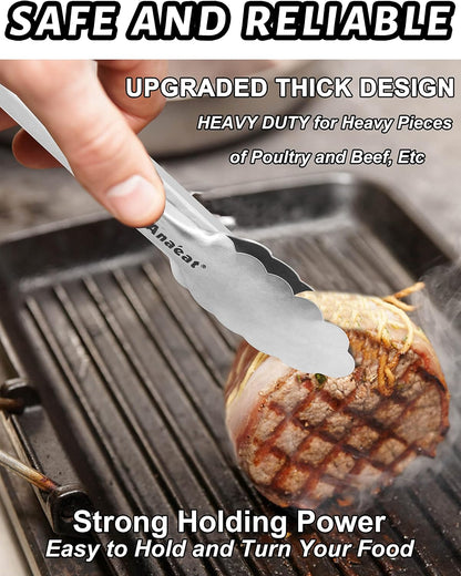 Anaeat Premium Kitchen Locking Tong Set of 3 - Heavy Duty Stainless Steel Food Tongs with Long Handle & Non-Slip Silicone Grip for Cooking, Baking, Grilling - Heat Resistant up to 480°F