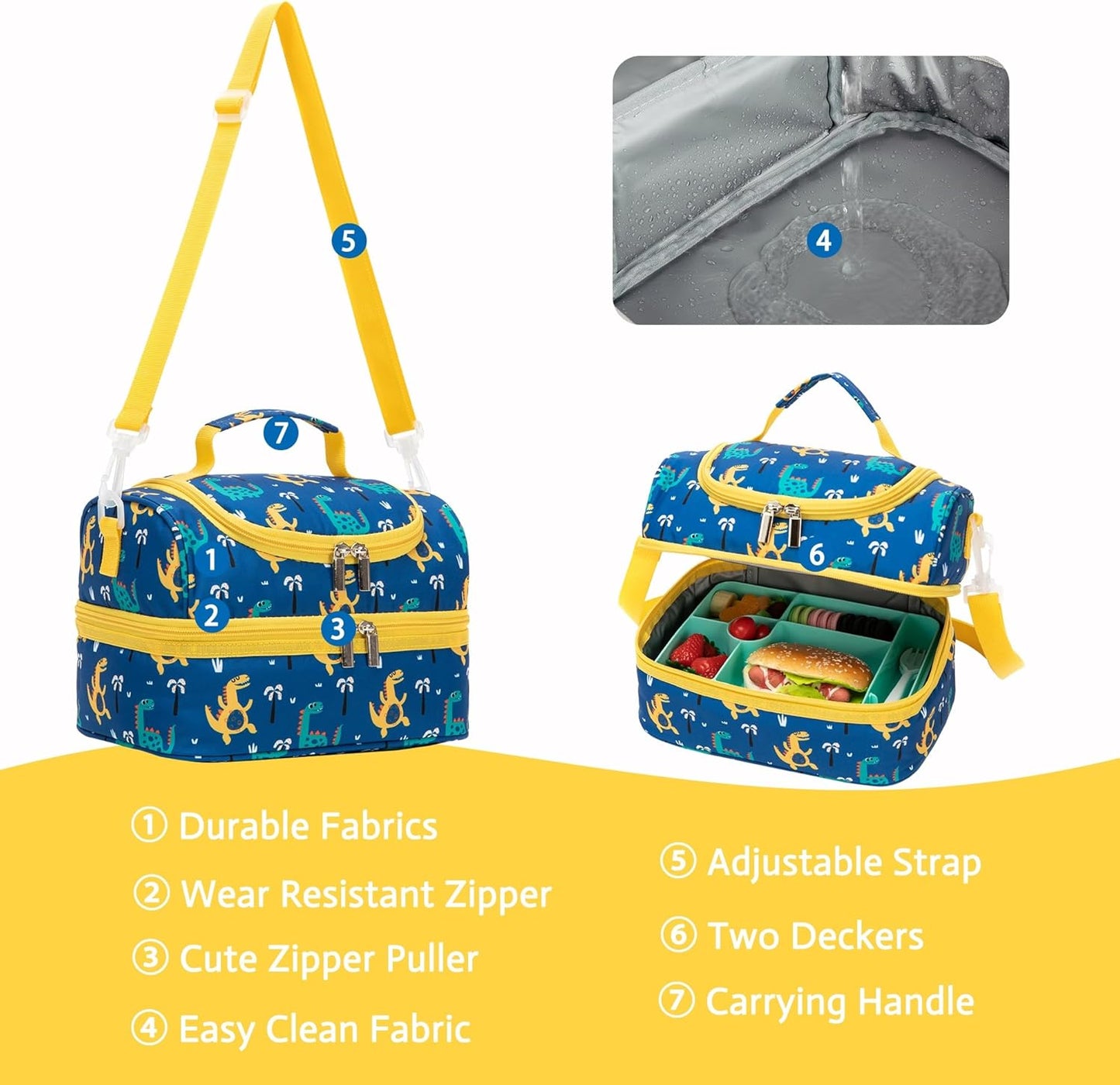 Insulated Kids Dual Compartment Lunch Bags Tote for Girls Boys Toddler School Picnic Food Cooler Thermal with Strap Lunch Boxes Blue Unicorn