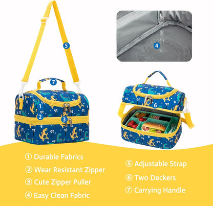 Insulated Kids Dual Compartment Lunch Bags Tote for Girls Boys Toddler School Picnic Food Cooler Thermal with Strap Lunch Boxes Blue Unicorn