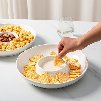 LEHAHA 12.25 inch porcelain Chip and Dip Serving Set, Ceramic Platters for Cheese, Appetizers &Chips Salsa, Fruit and Veggies, Divided Serving Trays for Family Gathering and Parties, Dark Creamy
