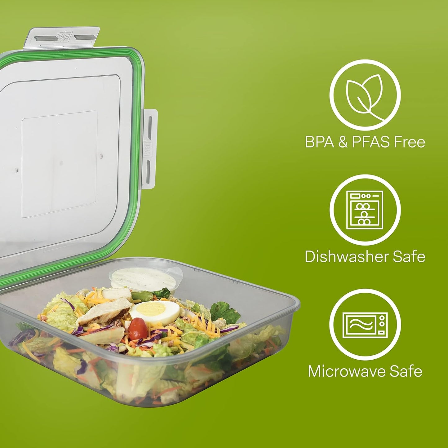 MyGo Container Large To-Go 3-Compartment Food Containers, Pack Of 3, 9-3/8" X 9-3/8" X 2-1/2", Reusable, Microwave Safe, NSF Certified, Smoke/Green
