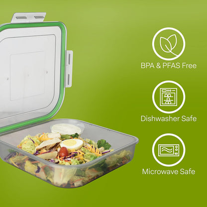 MyGo Container Large To-Go 3-Compartment Food Containers, Pack Of 3, 9-3/8" X 9-3/8" X 2-1/2", Reusable, Microwave Safe, NSF Certified, Smoke/Green