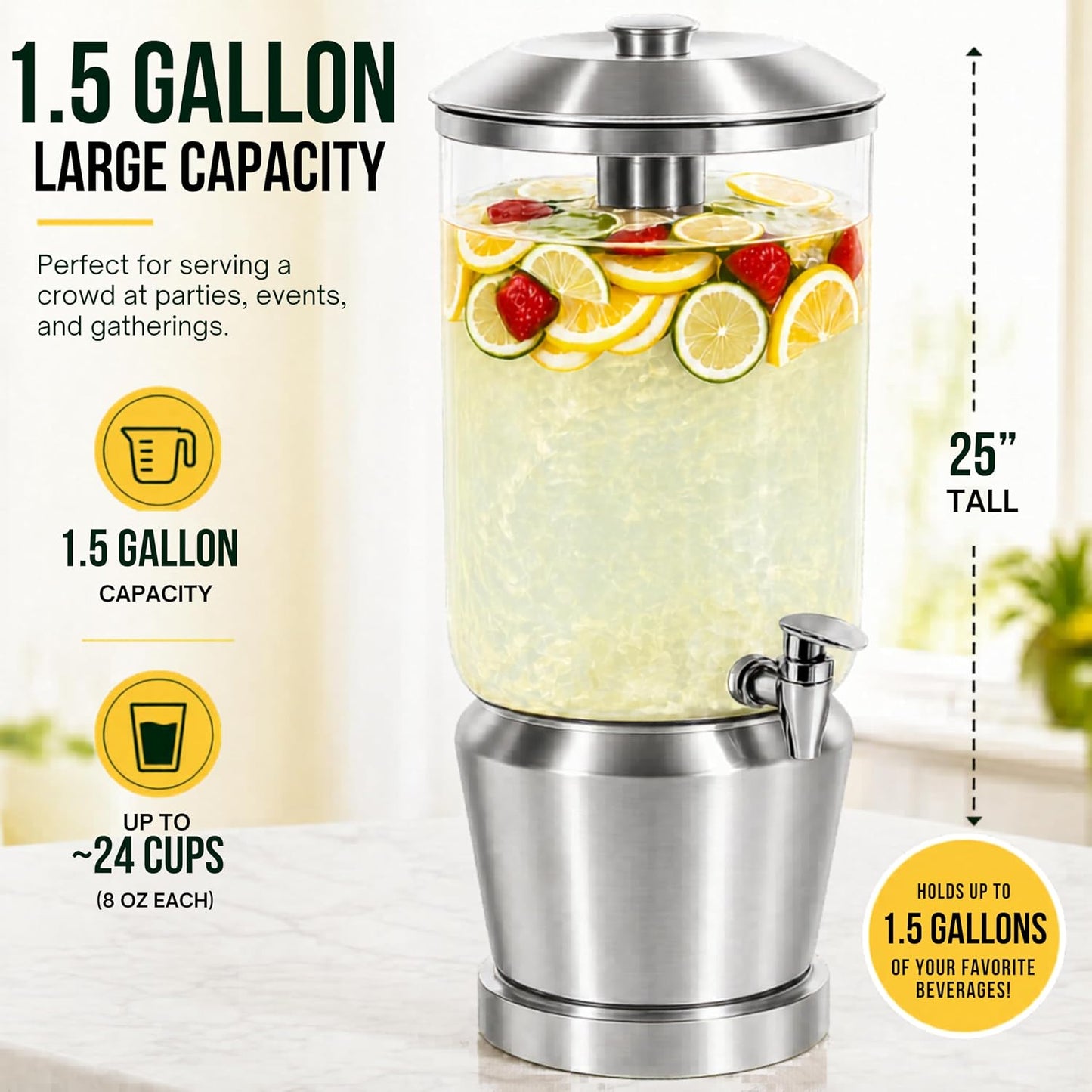 Drink Dispenser with Ice Chambers, Lemonade Tea Water Dispenser with Spigot, Stainless Steel Beverage Jar Jug, Perfect for Home Parties, Weddings, Gifts & Events (Gold, 3, Gallons)