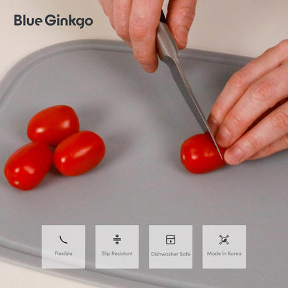 Blue Ginkgo Silicone Cutting Boards – Set of 3 (Small, Medium, Large) – Double-Sided, Thick, Flexible, Non-Slip, BPA Free – Juice Grooves, Dishwasher Safe (Made in Korea, Grey)