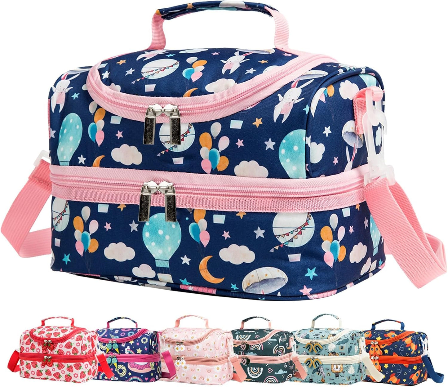Insulated Kids Dual Compartment Lunch Bags Tote Pack for Girls Boys Toddler Kindergarten School Picnic Cooler Thermal Lunch Boxes with Strap (Green Rainbow)