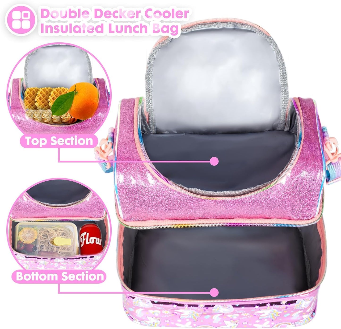 Kids Double Decker Cooler Insulated Lunch Bag, Back to School Large Meal Tote for Boys, Girls, Men, Women, with Adjustable Strap, Soccer