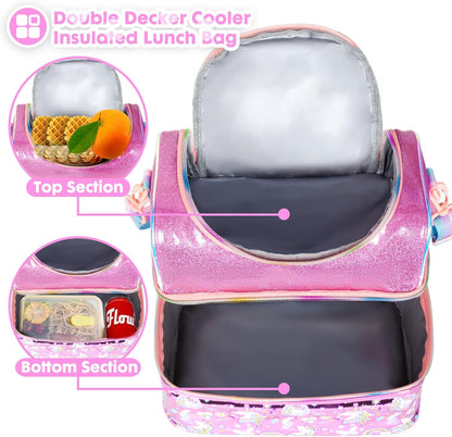 Kids Double Decker Cooler Insulated Lunch Bag, Back to School Large Meal Tote for Boys, Girls, Men, Women, with Adjustable Strap, Soccer