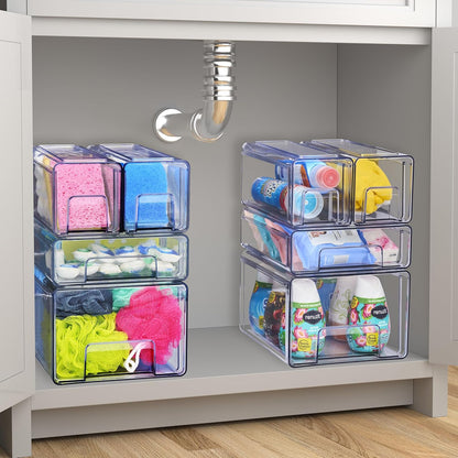 Sorbus Clear Stackable Storage Drawers, 4-Piece Set 1 Large, 1 Medium & 2 Small Pull-Out Plastic Organizer Bins with Handles for Bathroom, Closet, Pantry, Cabinet & Medicine Storage
