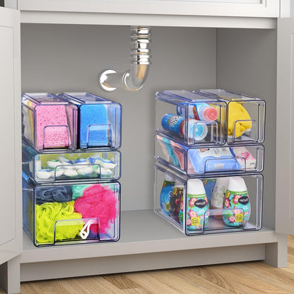 Sorbus Clear Stackable Storage Drawers, 4-Piece Set 1 Large, 1 Medium & 2 Small Pull-Out Plastic Organizer Bins with Handles for Bathroom, Closet, Pantry, Cabinet & Medicine Storage