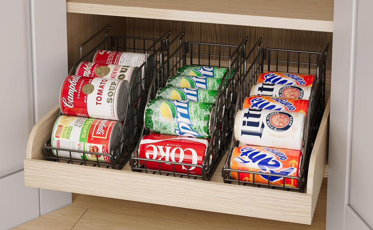 Sonyabecca 4-Pack Stackable Canned Food Organizer with Handles, Soda Can Organizer for Kitchen Pantry Shelves, Foldable Wire Cabinet Shelf for Can Storage, Patent Pending, Black