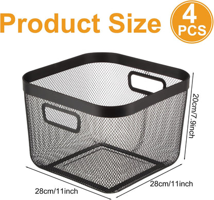MorningRo 6 Pack Metal Mesh Basket with Hollow Handles Black Wire Storage Bin for Organizing Stackable Metal Fine Mesh Basket for Pantry Bathroom Kitchen Cabinets Shelves (Medium)