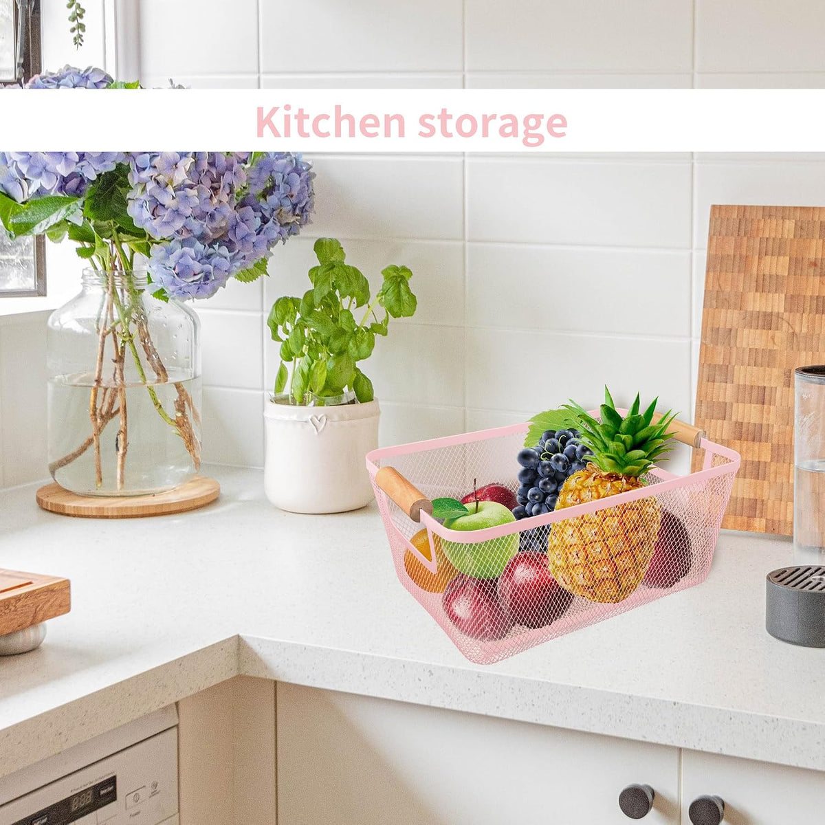 2Pack Metal Mesh Steel Basket with Bamboo Handle - Wire Metal Basket for Kitchen Organization, 12" Wide Food Organizer Bin, Perfect for Organizing Bulk Pantry (WHITE)