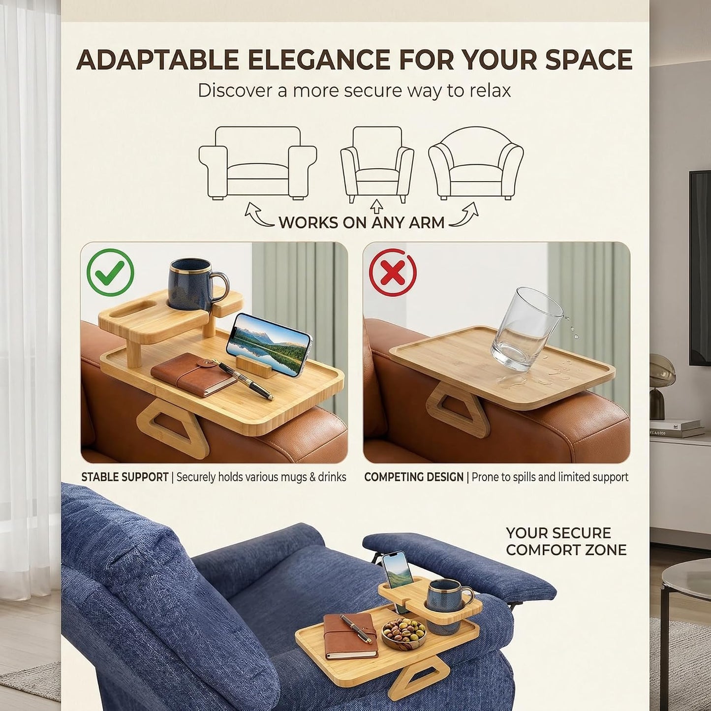 Premium Bamboo Sofa Arm Tray with 360° Swivel Lid & Phone Holder | 3-in-1 Couch Armrest Table with Hidden Storage for Drinks, Snacks, Remote (lid)