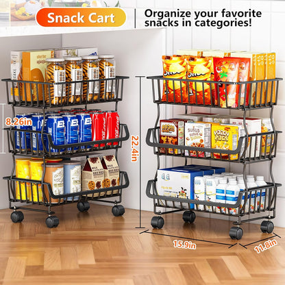 Gsiekare Fruit Vegetable Basket for Kitchen, 5 Tier Stackable Fruit Vegetable Storage Baskets with Wheels, Metal Wire Storage Basket Organizer Baskets for Kitchen, Pantry, Bathroom
