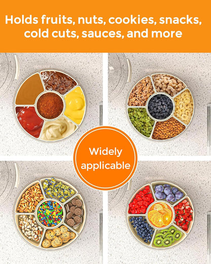 Divided Serving Tray with Lid and Handle, Round Rotating Snackle Box Container, 6-Compartment, for Fruits Candy Organizer, Portable Spinning Rounded Veggie Tray for Kitchen, Party, Trave and Picnic