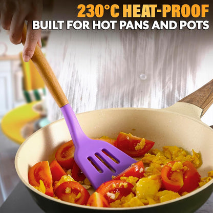 14 PCs Black Silicone Cooking Utensils Set with Holder - Versatile Kitchen Utensils with Sturdy Wooden Handles - Heat Resistance Silicone Kitchen Utensil Set with Holder for All Cooking & Baking Needs