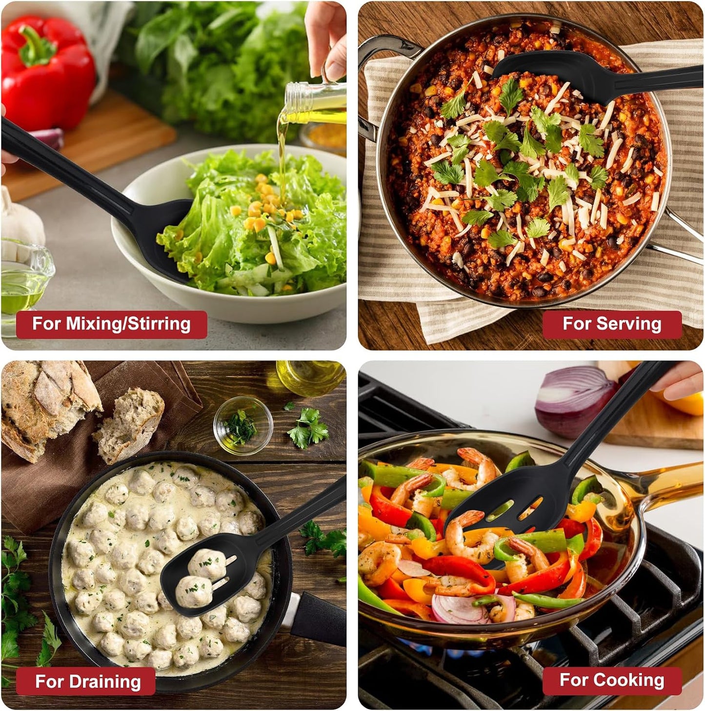 2 Pack Large Silicone Cooking Spoon with Measuring Mark, Premium Non-Stick Solid and Slotted Serving Spoons Set, Heat Resistant Kitchen Utensils for Mixing, Stirring, Scooping, Scraping