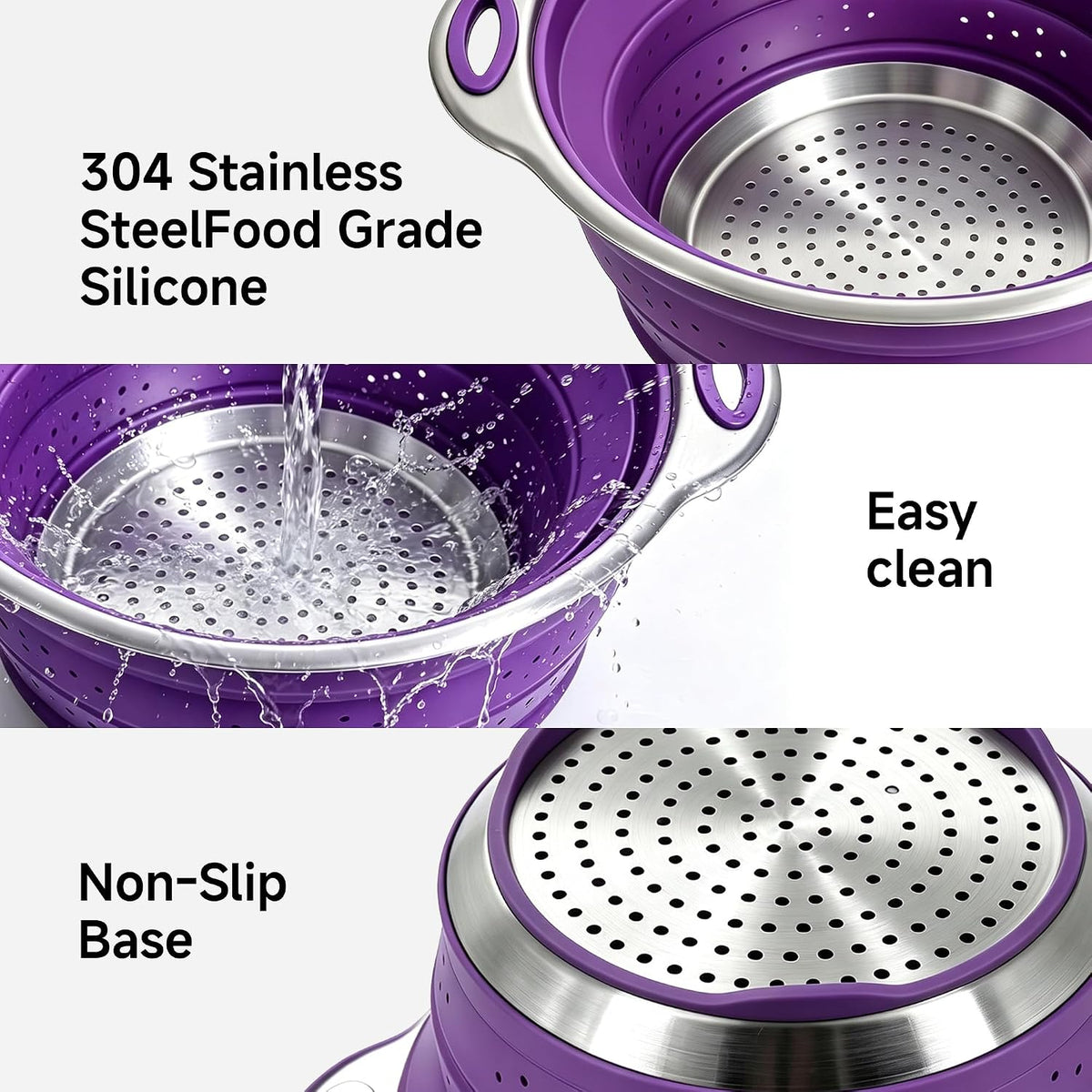 Mejoncb Collapsible Colander – Platinum Silicone Strainer with Stainless Steel Base, BPA-Free & Heat Resistant Kitchen Drain Basket (Gery)