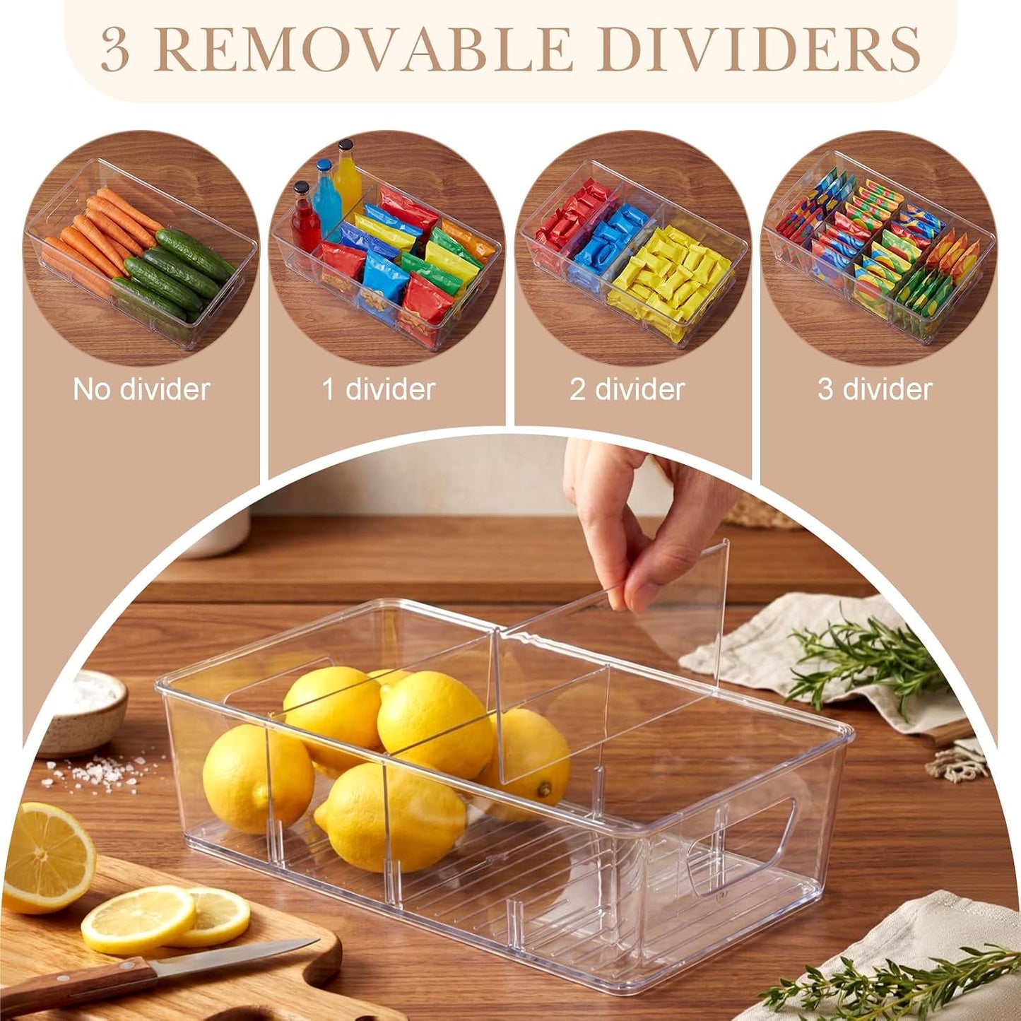 8 Pcs Pantry Organizers Bins, Clear Plastic Stackable Snack Storage Containers with 3 Dividers for Kitchen Cabinet Fridge Shelf Organization, 4 Compartment Holder