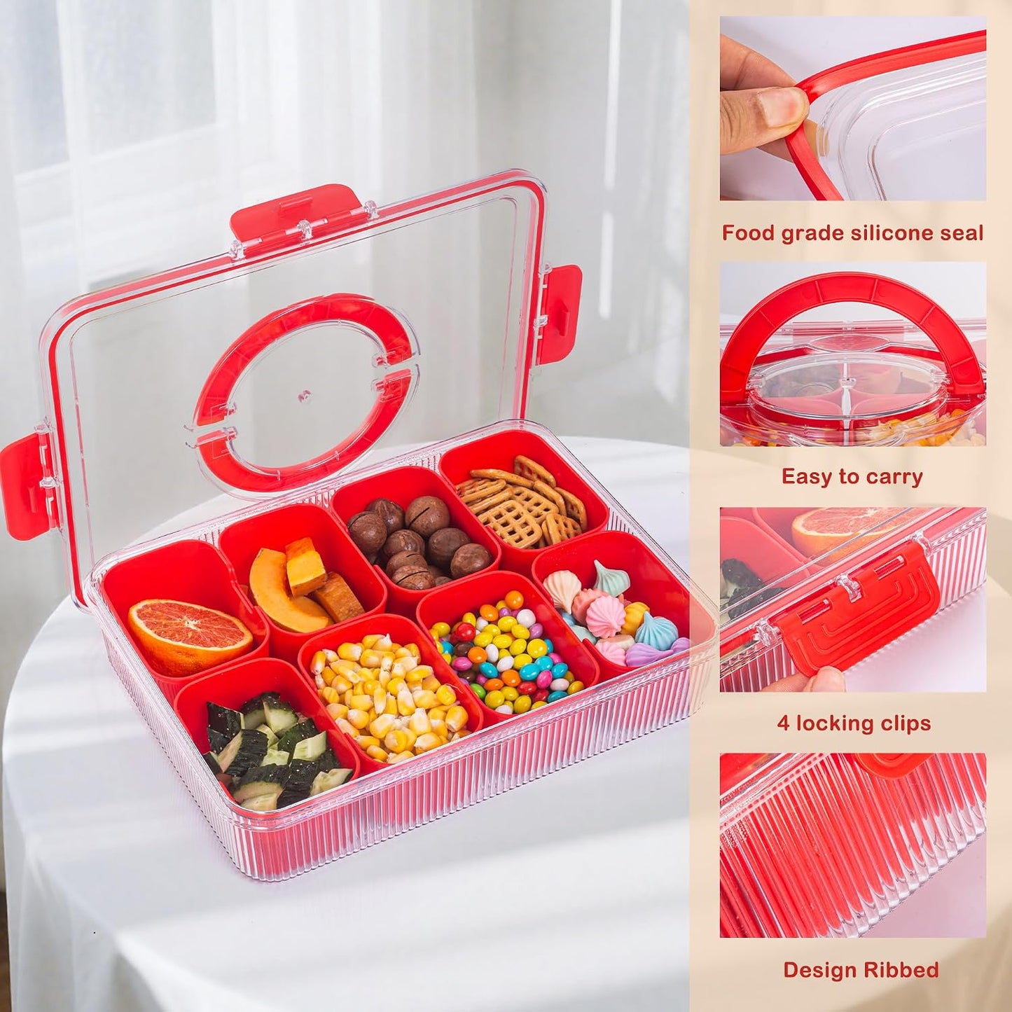 Patent Divided Serving Tray with Lid & Handle - Snackle Box Organizer for Charcuterie, Sandwiches, Veggies, Fruits, Candy - Portable Food Storage for Travel, Beach, Picnics（1 pcs, Orange）