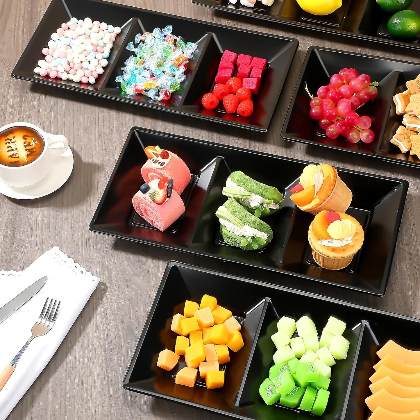 Ziliny 20pcs Black 3 Section Serving Tray Bulk Serving Dish Compartment Appetizer Tray Plastic Dessert Platter Divided Disposable Plate for a Tini Bit Older Party