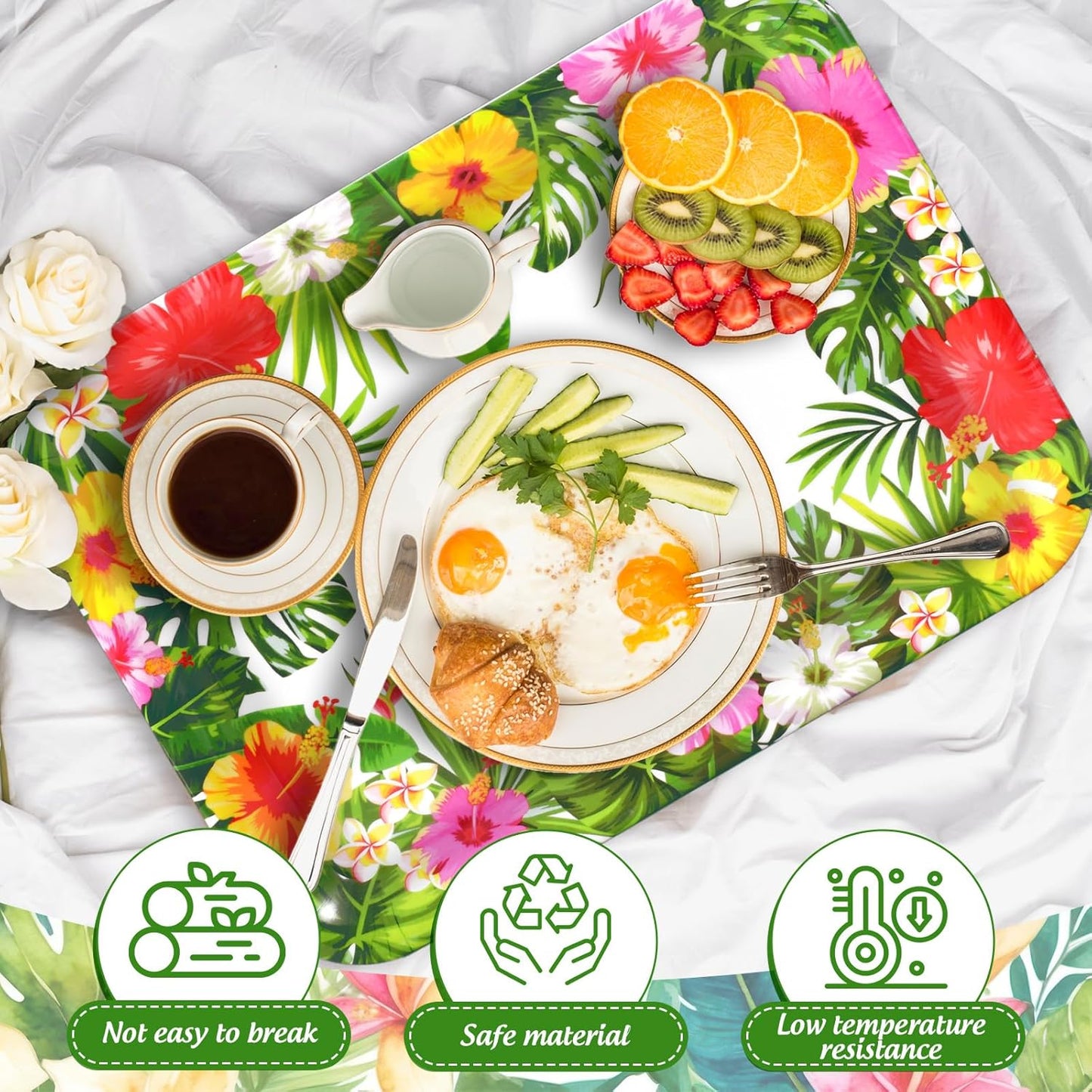 JarThenaAMCS 3Pcs Summer Tropical Luau Serving Trays Reusable Serving Dishes Watercolor Hawaiian Hibiscus Floral Monstera Melamine Platter for Pool Beach Aloha Birthday Party