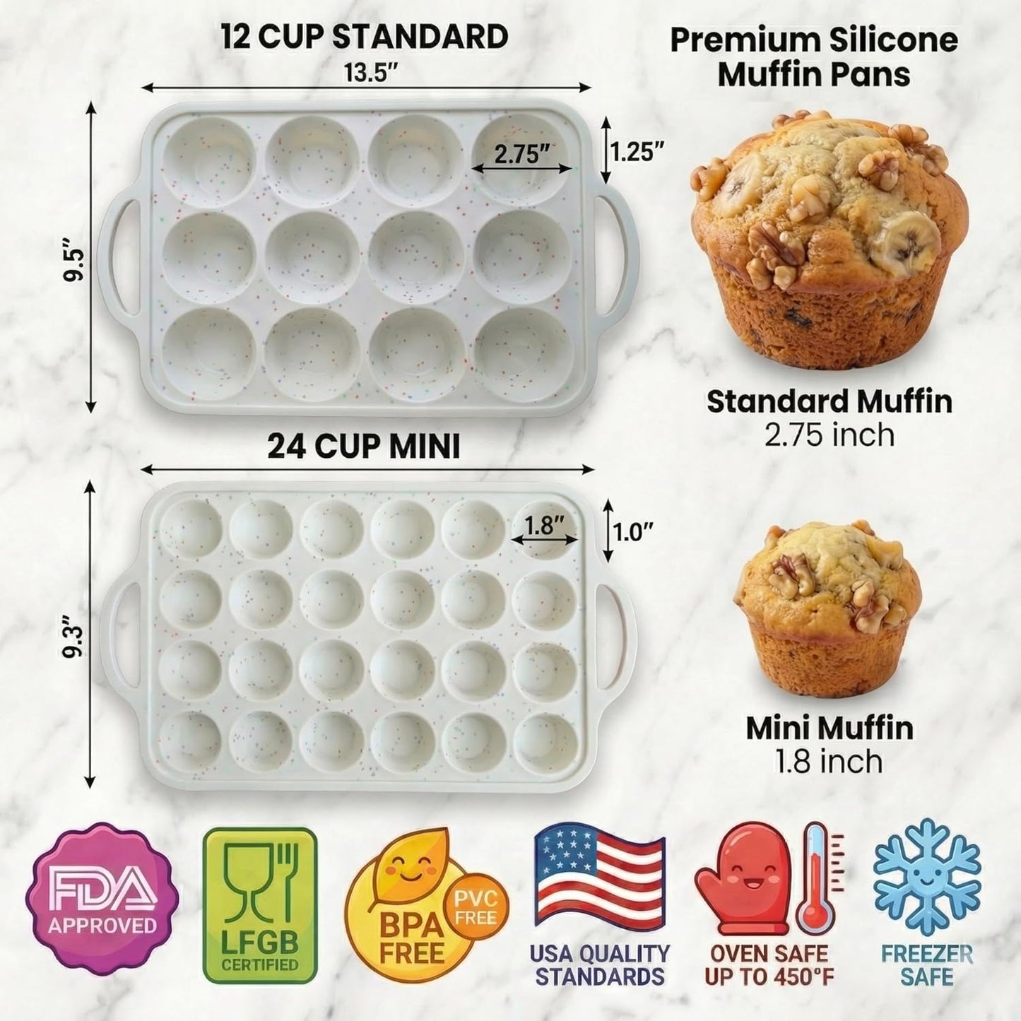 2-Pack Silicone Muffin Pan Set – Regular 12 Cup & Mini 24-Cup Silicone Muffin Pans for Baking – Nonstick Silicone Cupcake Pan with Metal-Reinforced Handles – BPA-Free, Dishwasher-Safe, Cream