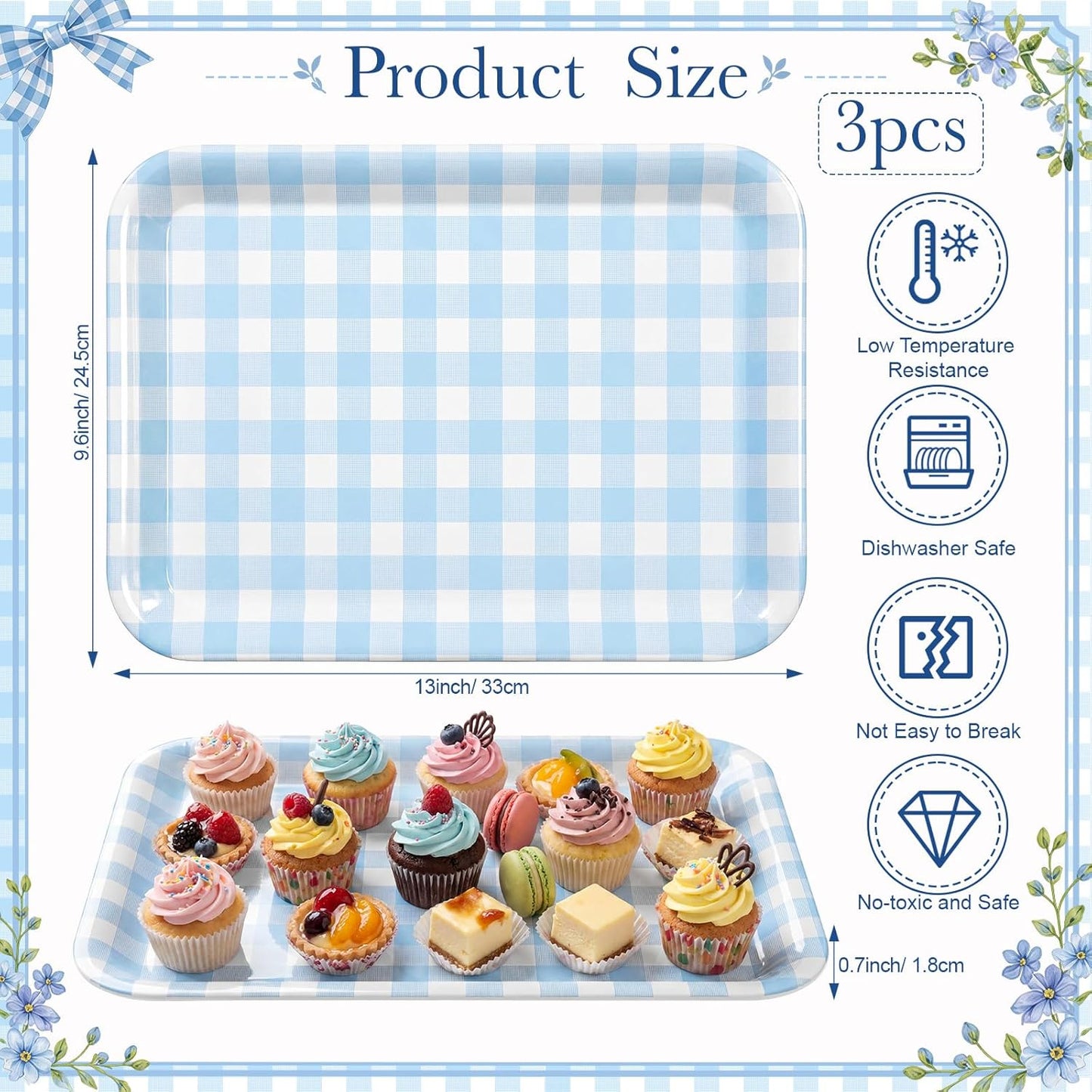 Vesici 3 Pcs Cherry Bow Serving Trays 13 x 10 Inch Pink Bow Cherry Melamine Platters Reusable Rectangular Serving Dishes for Coquette Wedding Baby Shower Birthday Party Sharing Snack Fruit Dessert