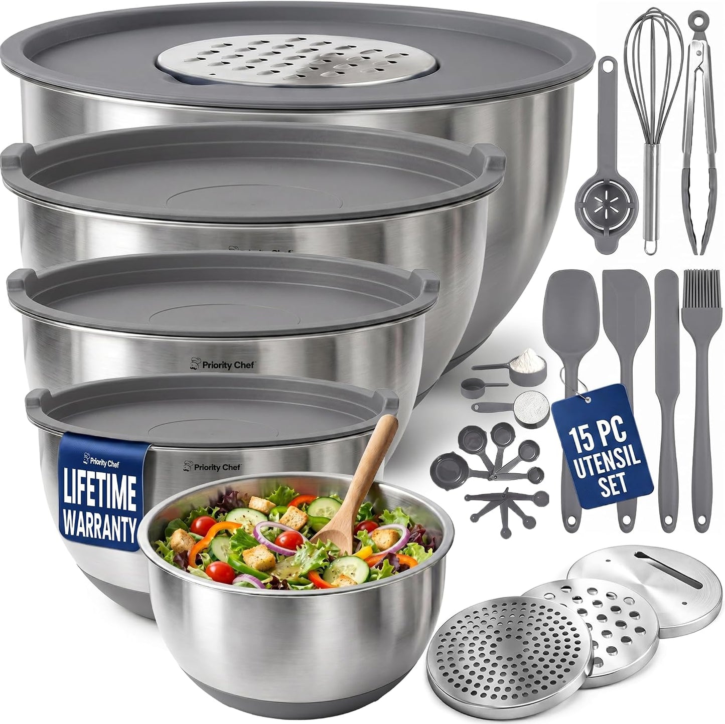 Priority Chef Stainless Steel Mixing Bowls with Lids Set, Metal Nesting Bowls with Airtight Lids, Graters, Non-Slip Base & Measurement Marks, Includes Utensil Set for Prep, Baking & Storage, Black