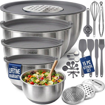 Priority Chef Stainless Steel Mixing Bowls with Lids Set, Metal Nesting Bowls with Airtight Lids, Graters, Non-Slip Base & Measurement Marks, Includes Utensil Set for Prep, Baking & Storage, Black