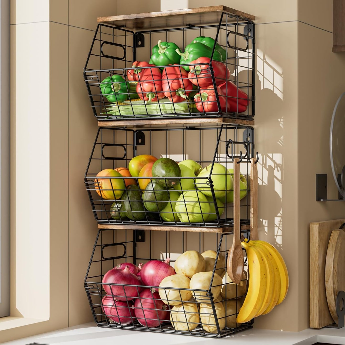 Delamu Stackable Metal Fruit Basket with Wood Lid 2 Pack, Hanging Wall Organizer for Kitchen Counter, Pantry Storage for Onions, Potatoes, Garlic, Fruits, Spices, Black
