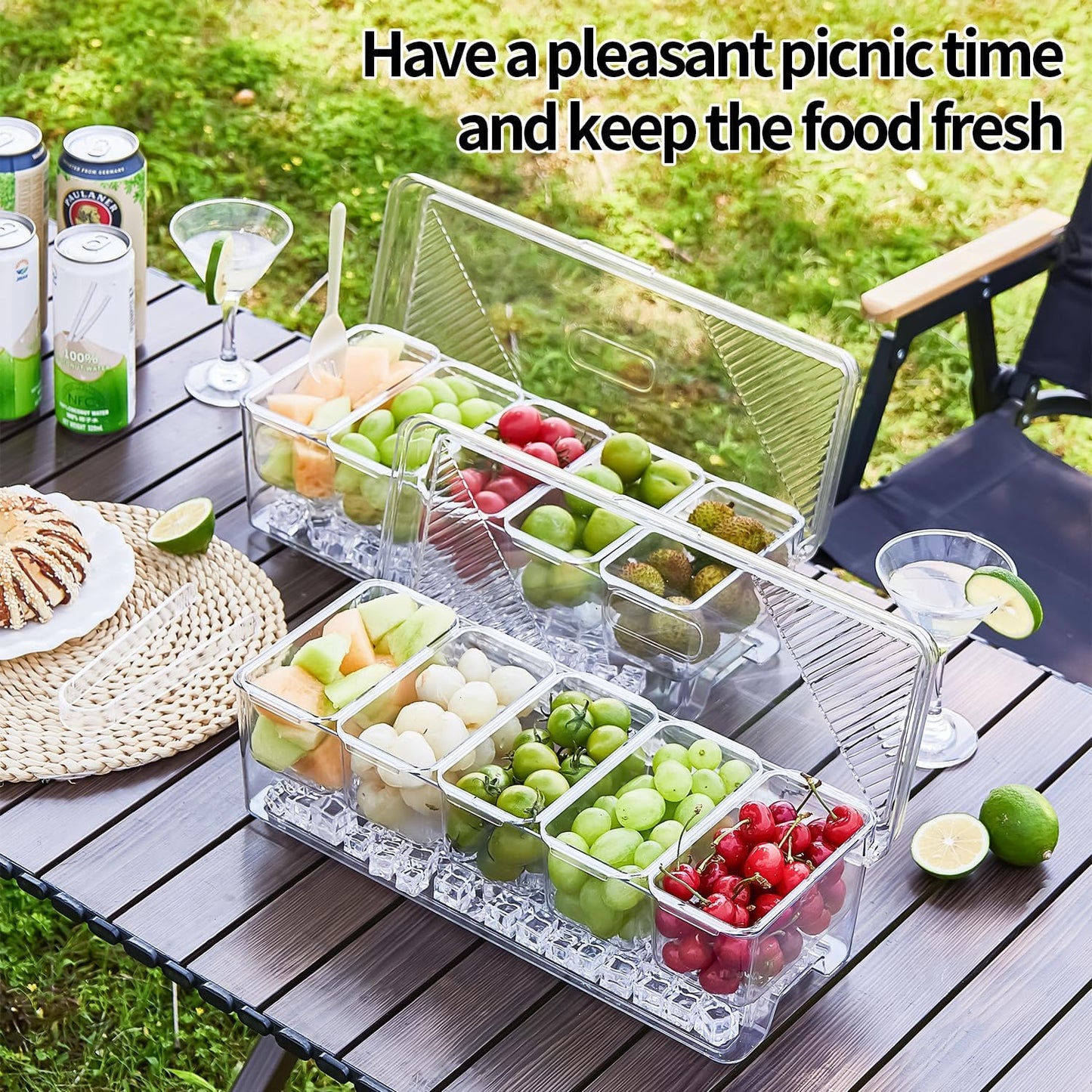 Ice Chilled Condiment Caddy,Stackable Chilled Condiment Containers,Serving Platters with Lid and 5 Removable Compartments,Set of 5 Serving Spoons & 2 Clips (1pack)