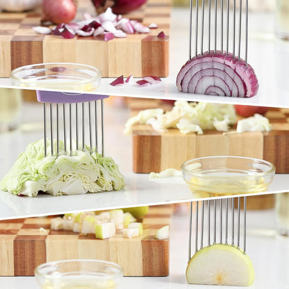 2PCS Onion Slicer Holder, JJOO Stainless Steel Onion Cutter for Slicing and Storage Onions, Tomato, Eggs and Vegetables, Protective Cover Included, Dishwasher Safe (Stylish orange+ Purple Color)